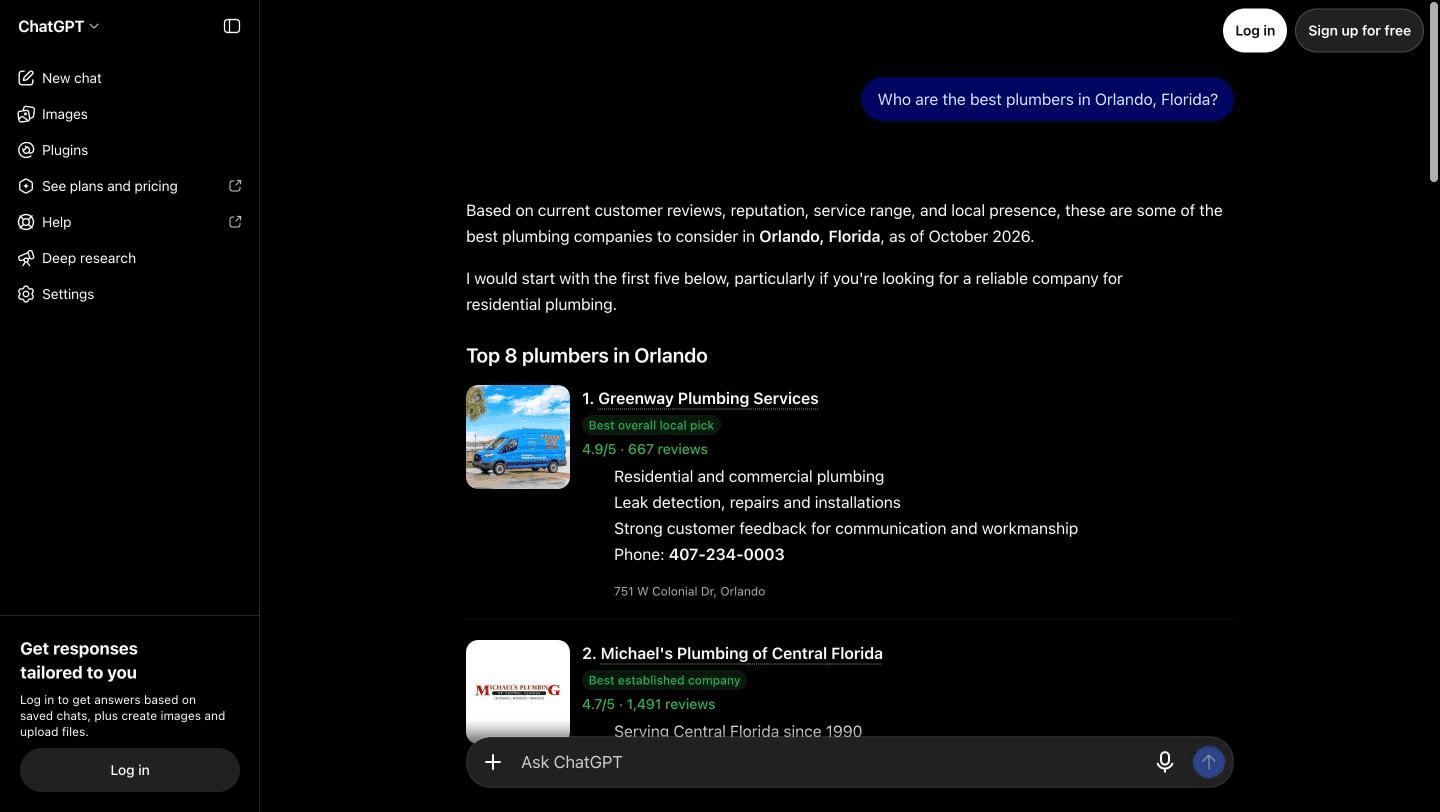 ChatGPT's answer to "Who are the best plumbers in Orlando, Florida?", a short list of named plumbing companies with a sentence on each.